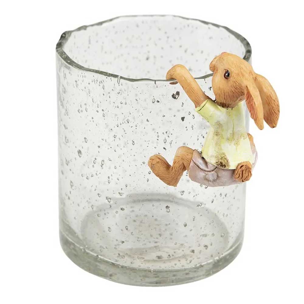 Eine Clayre & Eef - Hase Deko für Kante, die an einer Glasvase hängt.