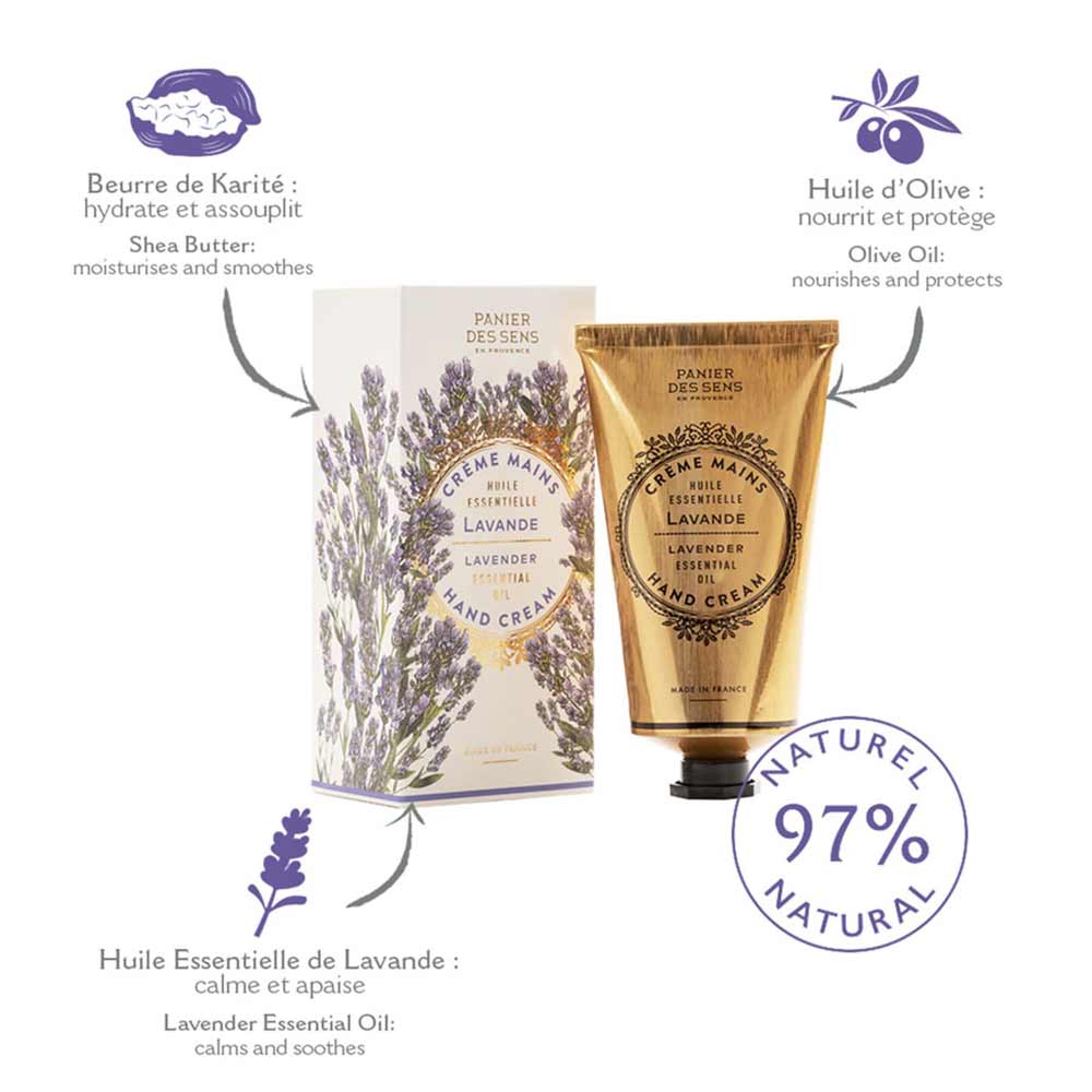 Set mit Handpflegeprodukten von Panier des Sens - Handcreme Lavendel mit Sheabutter und Olivenöl, die zu 97 % aus natürlichen Inhaltsstoffen bestehen.
