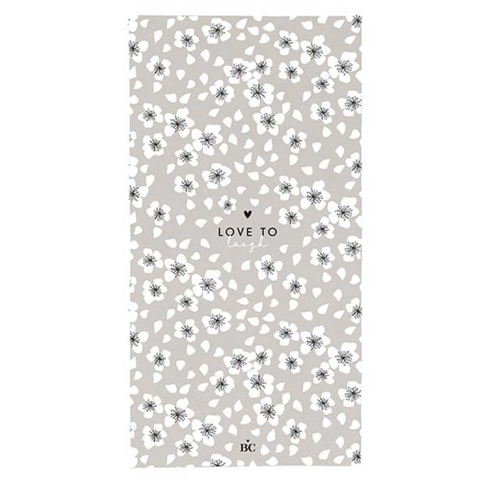 Ein graues Handtuch mit weißen Blumen darauf, die Bastion Collections - Papierservietten Love to Laugh 16 Stück.
