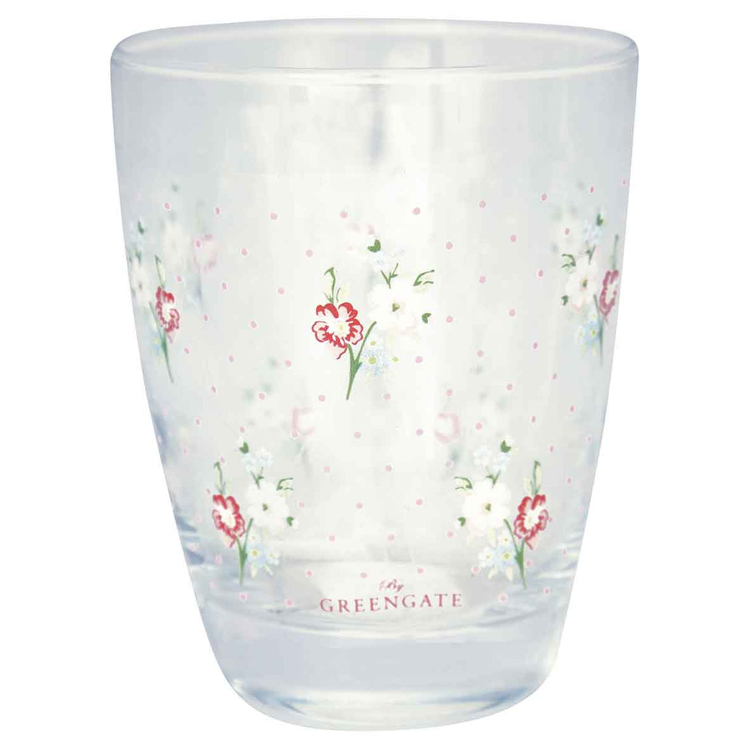 Transparentes Trinkglas, verziert mit zarten Blumenmustern und dem Logo „GreenGate - Eja Wasserglas white“ am Boden.