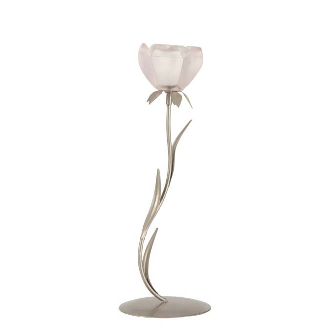 Eine Stehlampe im minimalistischen Design mit einem schlanken Metallschaft und einem einzelnen Schirm aus Milchglas in Form der J-Line – Windlicht Blume auf Fuß Large.