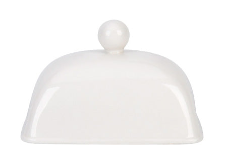 Weiße Krasilnikoff-Speisehaube aus Keramik mit rundem Griff auf schlichtem Hintergrund.