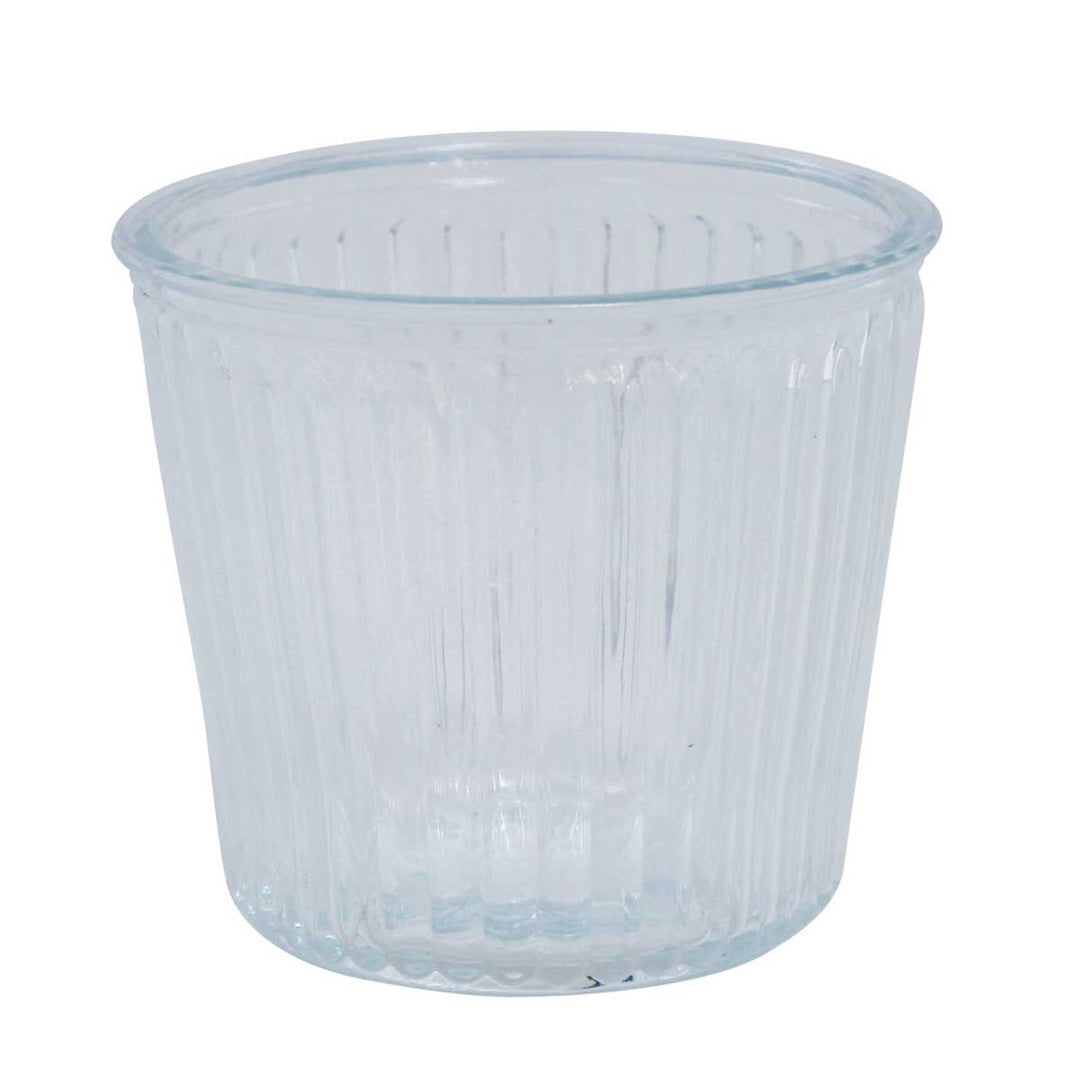 Krasilnikoff - Glasbehälter Rillenoptik Tasse auf weißem Hintergrund.