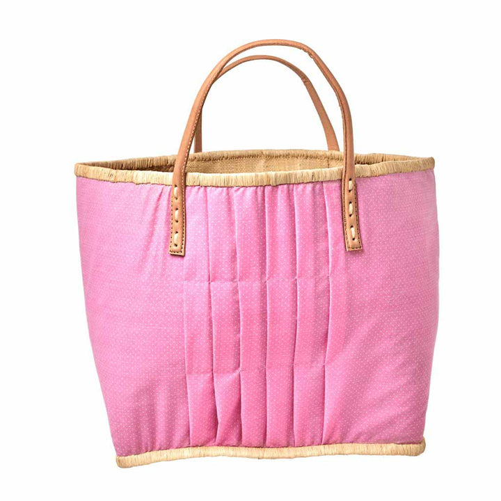 Rice - Korbtasche aus Raffiabast mit Ledergriff pink Punkte Large