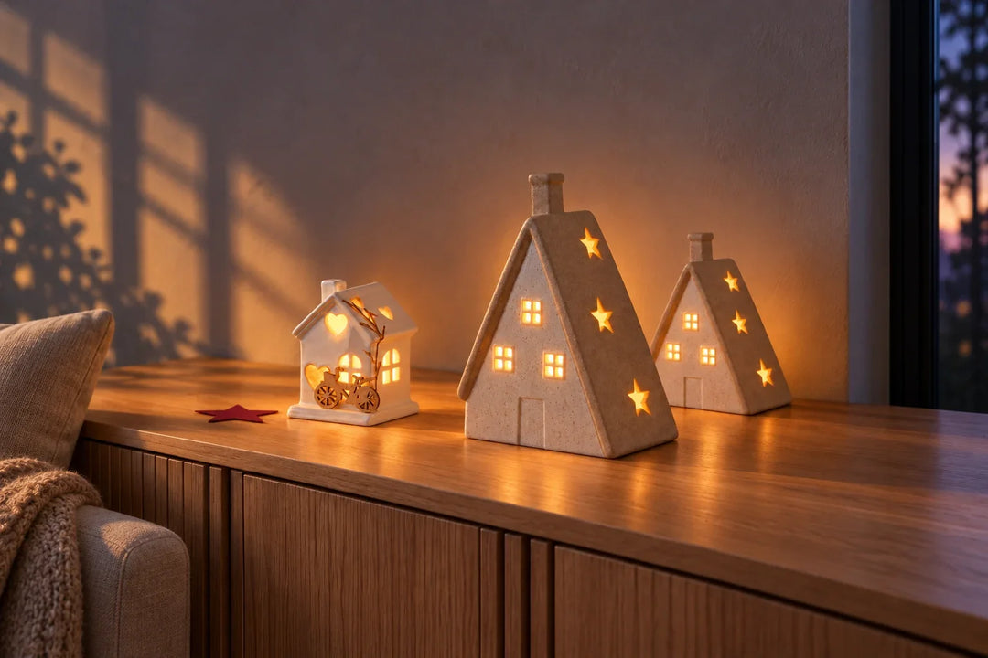 Drei LED-Lichthäuser als kleine Winterstadt auf einer Holzkommode