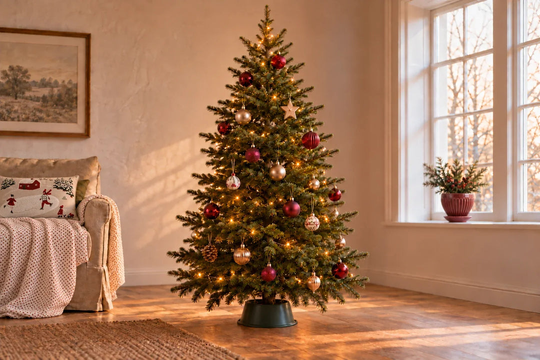 Geschmückter Weihnachtsbaum im Wohnraum mit gemischten Kugeln und persönlichen Anhängern; auf der Fensterbank der rote Strömshaga-Topf Anna mit Untersetzer; links auf dem Sessel der weiße Ib-Laursen-Quilt mit roten Pünktchen und das Vinterland-Kissen