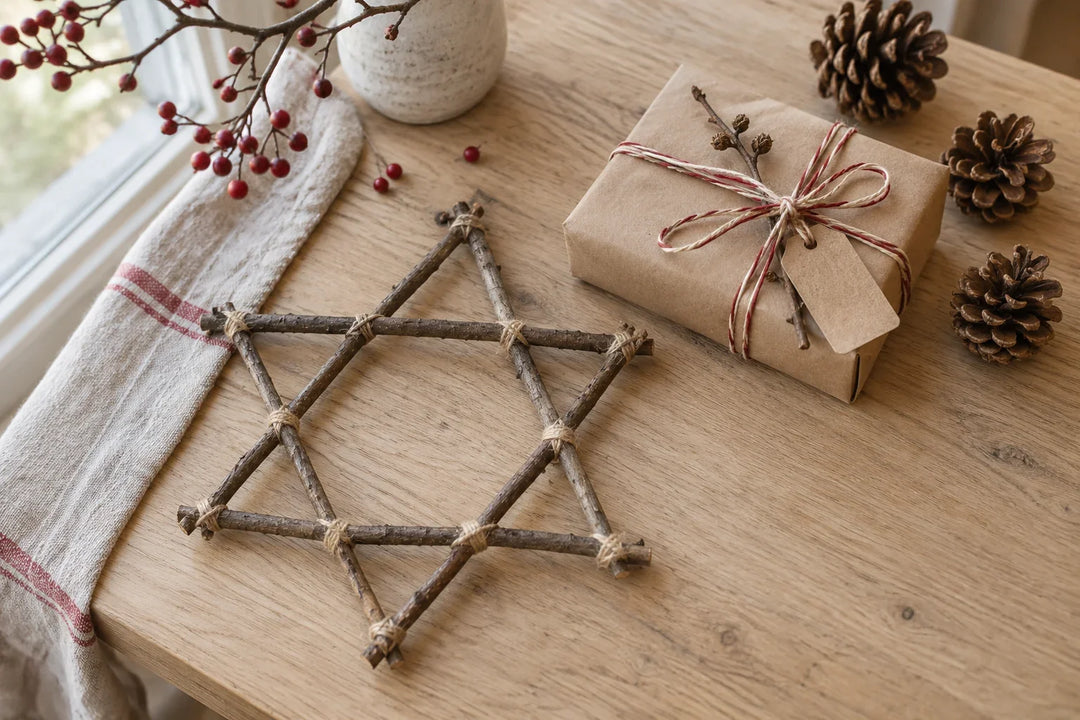 KI-Illustration: Zweigstern, Geschenk und Zapfen als Weihnachtsdeko aus Naturmaterialien.