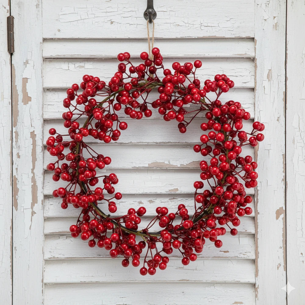 The Alsaba Home - Beerenkranz winterlicher Dekokranz aus roten Beeren hängt an einem wettergegerbten weißen Holz-Fensterläden.
