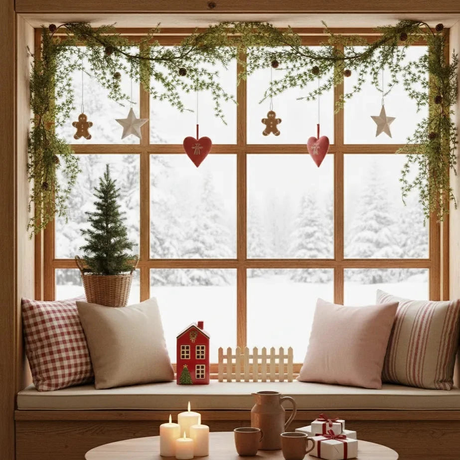 Ein gemütlicher Fensterplatz mit Kissen, Kerzen, Geschenken und Weihnachtsdekoration bietet die Alsaba Home Künstliche Tannengirlande mit Zapfen naturgetreu 180 cm mit Blick auf eine verschneite Landschaft durch ein Holzfenster.