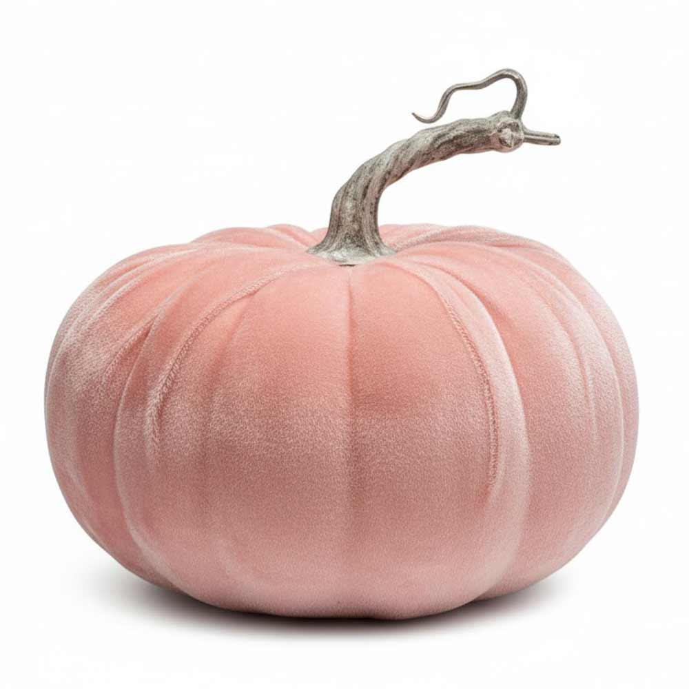 Der Alsaba Home - Kürbis Deko Samt ist eine plüschige, kürbisförmige Dekoration mit einer rosa Samtoberfläche und einem realistisch gebogenen Stiel.