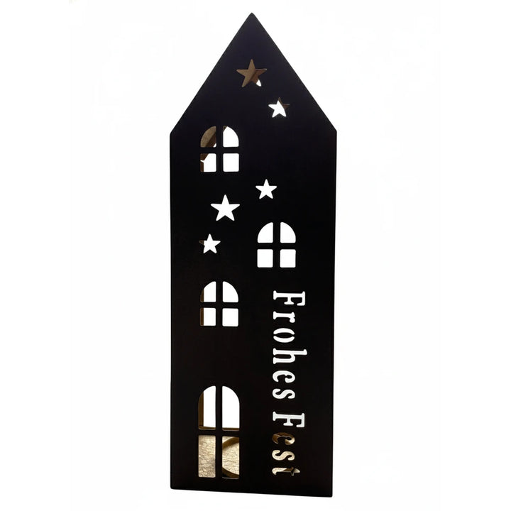 Alsaba Home - Lichthaus Liebe macht ein Zuhause: Kerzenhalter aus Metall in Form eines Hauses mit Stern und Fensterausschnitten, seitlich mit der Aufschrift "Liebe macht ein Zuhause".