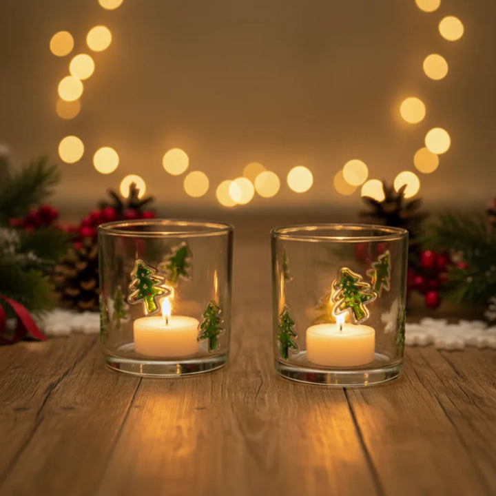 Alsaba Home - Teelichthalter aus Glas mit Tannenbaum-Motiv