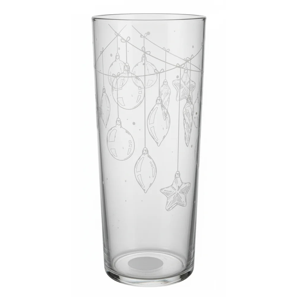 Alsaba Home - Windlichter aus Glas mit Weihnachtsmotiv: Klarer Glastumbler mit eingravierten Ornamenten wie Kugeln und Sternen auf der Außenseite.