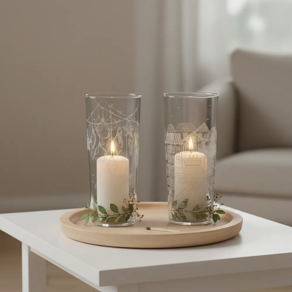 Zwei Alsaba Home Windlichter aus Glas mit Weihnachtsmotiv stehen auf einem runden Holztablett auf einem weißen Tisch und bringen festlichen Charme in die gemütliche Wohnzimmereinrichtung.