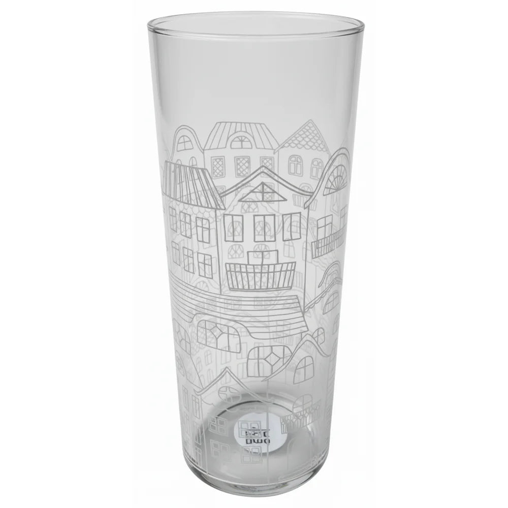 Der Alsaba Home Windlichter aus Glas mit Weihnachtsmotiv ist ein klarer Glasbecher mit einem geätzten Design von festlichen Häusern und Dächern.