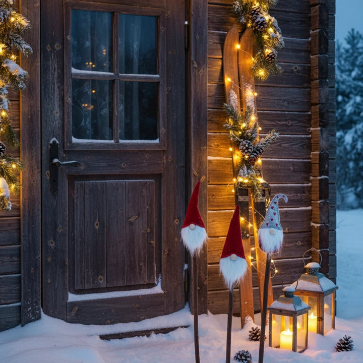 Eine verschneite Holzhüttentür ist mit Weihnachtsbeleuchtung, Skiern, Tannenzapfen und drei dekorativen Holzzwergen von Alsaba Home mit Filzhüten und Kunstfellbärten geschmückt. Zwei Laternen mit Kerzen auf dem Boden verbreiten ein warmes Licht.