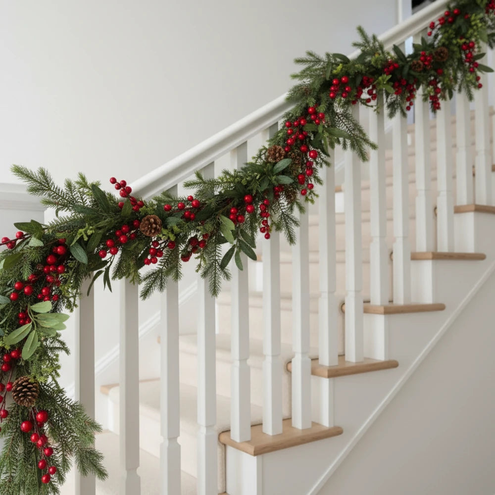Ein Treppengeländer, dekoriert mit der Alsaba Home Weihnachtsgirlande mit Tannenzweigen, roten Beeren und Tannenzapfen.
