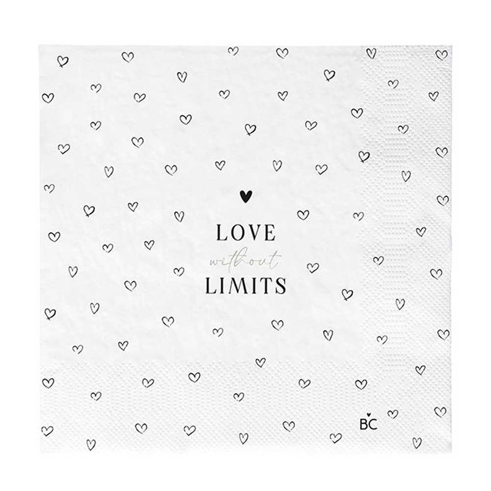 Eine Packung mit 20 schwarzen und weißen herzförmigen Papierservietten von Bastion Collections mit der Aufschrift „Love without Limits“.