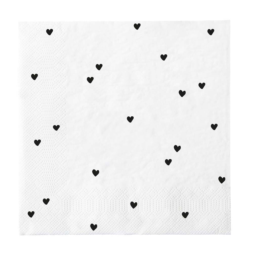 Die Bastion Collections - Papierservietten With Love Always 20 Stück sind weiße Servietten mit strukturiertem Rand, verziert mit einem Muster aus kleinen schwarzen Herzen, die über die Oberfläche verstreut sind.