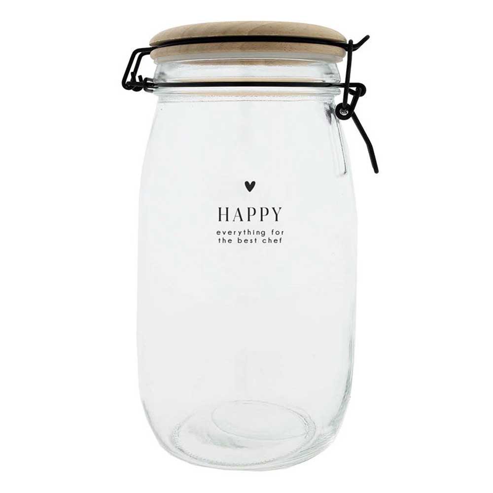 Ein Bastion Collections - Vorratsglas Happy & Ingredients Glas mit einem Deckel, auf dem „Happy“ steht.