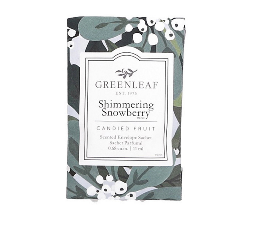 A Greenleaf - Duftsachet Shimmering Snowberry kleiner Beutel mit dem Duft von kandierten Früchten, mit botanischem Verpackungsdesign.