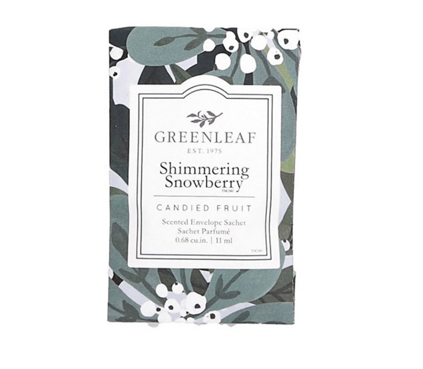 A Greenleaf - Duftsachet Shimmering Snowberry kleiner Beutel mit dem Duft von kandierten Früchten, mit botanischem Verpackungsdesign.