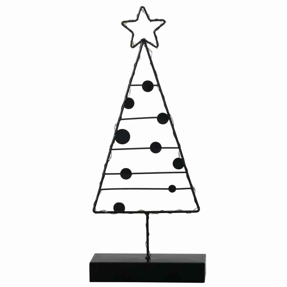 Boltze – LED-Weihnachtsbaum mit Timer, bestehend aus einem Weihnachtsbaum aus Metalldraht, der oben mit einem Stern und runden Ornamenten geschmückt ist und auf einem schwarzen rechteckigen Sockel steht.