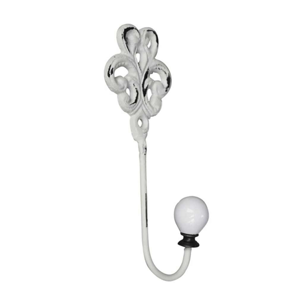 Chic Antique – Haken mit Porzellanknauf, französisches Dekor, mit weißem, verziertem Design und einer runden, glatten weißen Zwiebel am Ende.