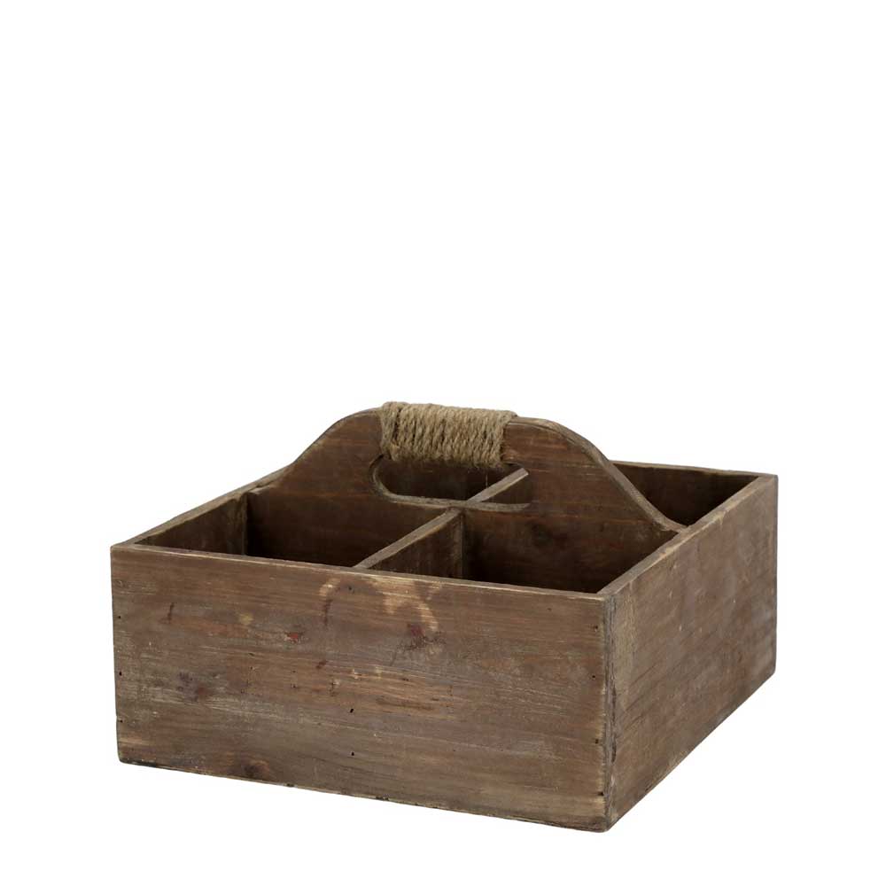 Chic Antique bietet eine Holzkiste mit vier Fächern und einem seilumwickelten Griff an.