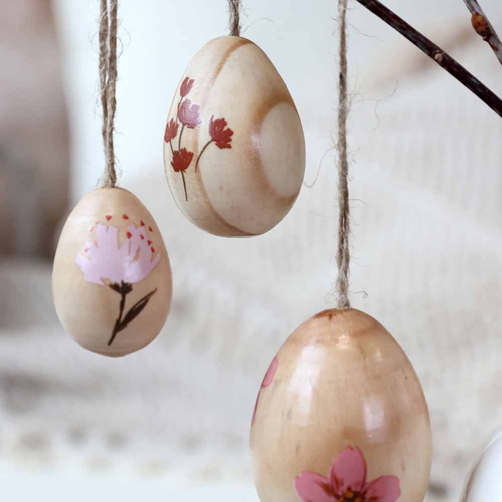 6 Holzeier Aus Mangoholz | Braun Mit Floralem Design, 6x4 Cm | Osterdeko Für Gestecke & Geschenke