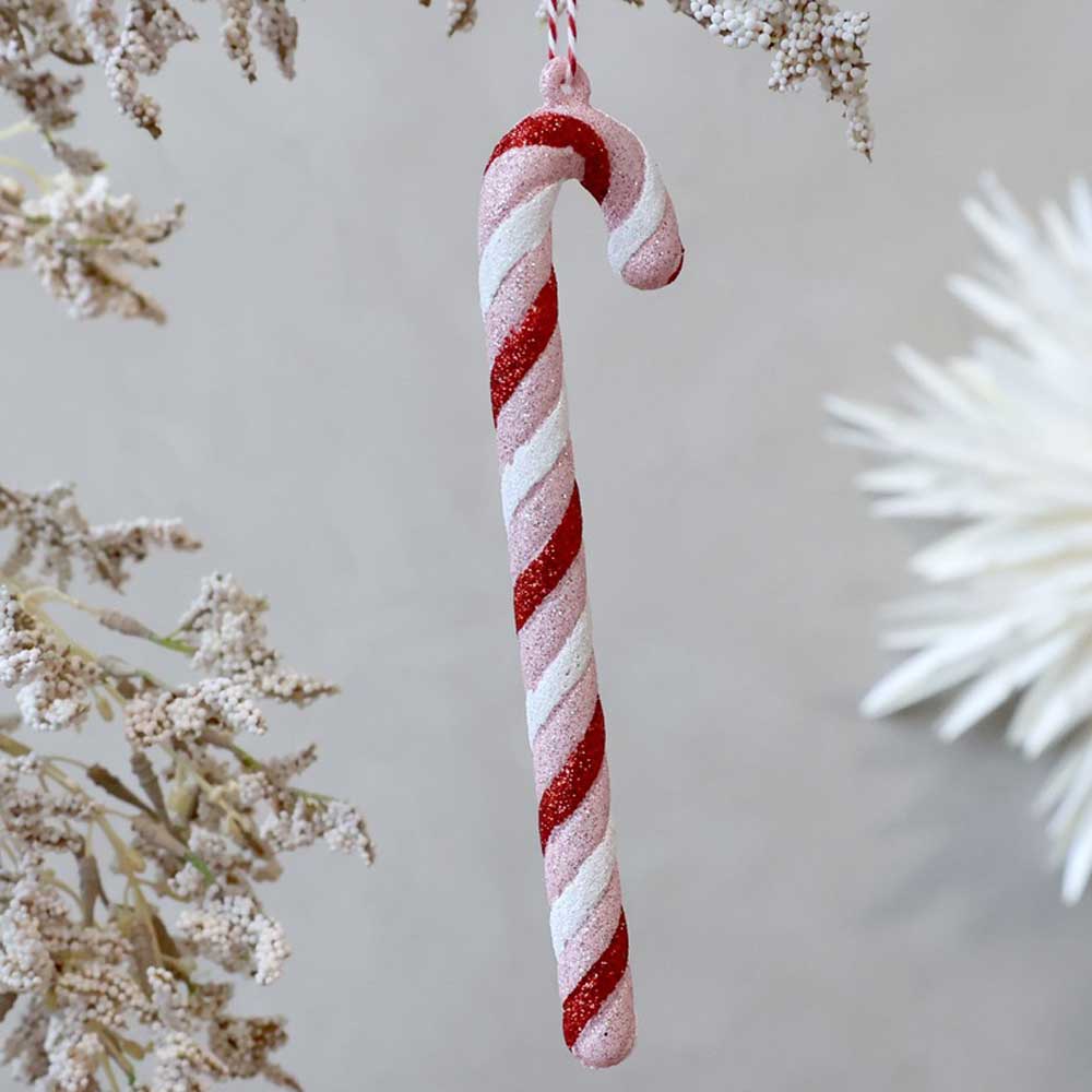 Ein funkelndes rosa-weiß gestreiftes Chic Antique - Zuckerstange Weihnachtsbaumschmuck Pink Lady-Ornament wird vor einem neutralen Hintergrund präsentiert und mit weißen Trockenblumen geschmückt.