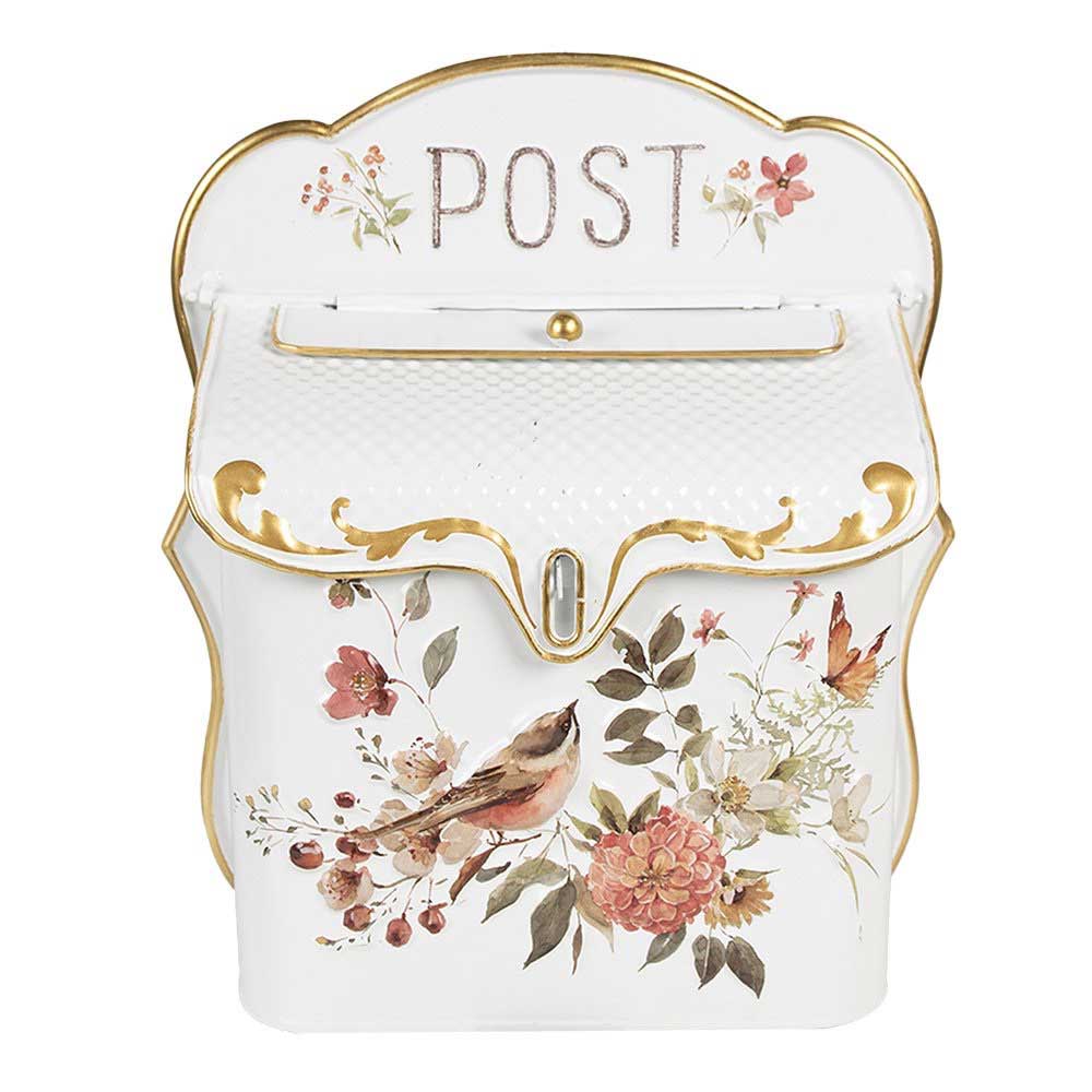 Ein weißer Briefkasten Landhaus im Vintage-Stil von Cream & Clayre mit der Aufschrift „POST“ obenauf, verziert mit gemalten Blumen und Vögeln und mit goldenen Akzenten verziert.