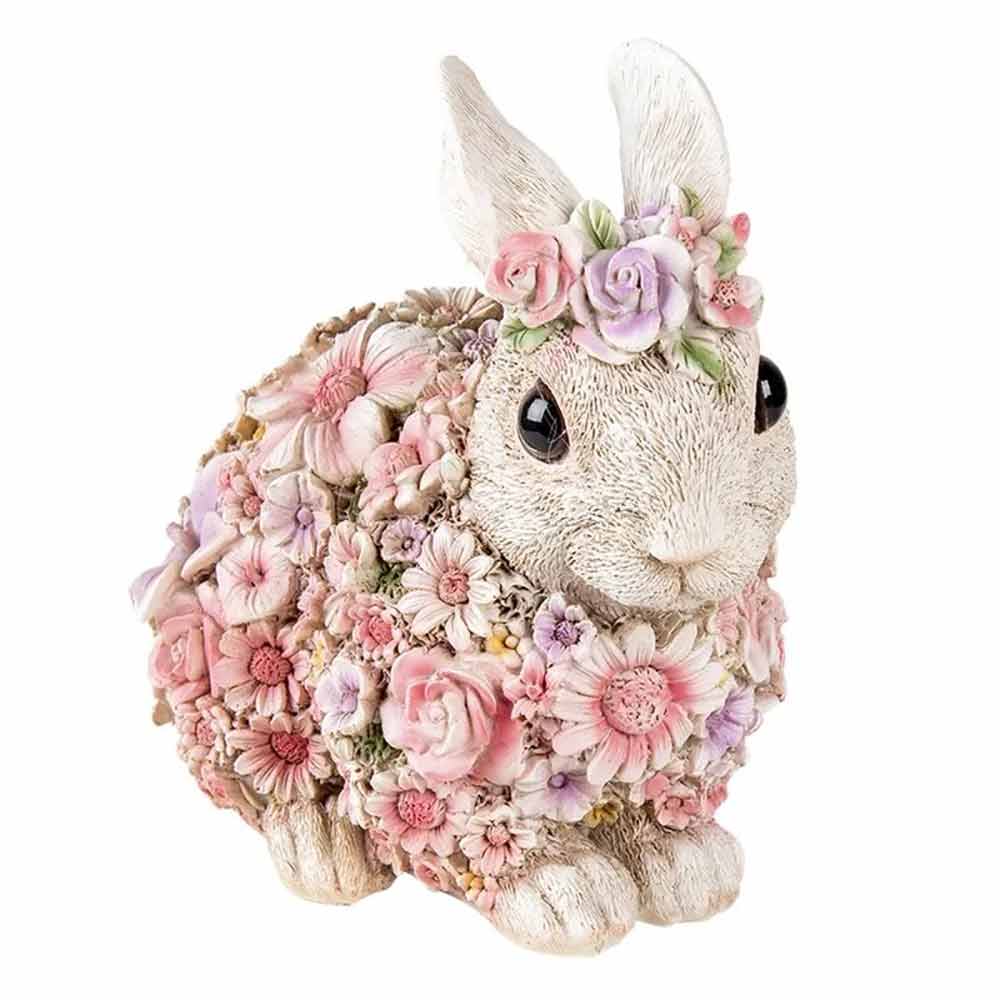 Eine dekorative Figur von Clayre & Eef - Hase Blumen, verziert mit einem Blumenmuster und einer Rosenkrone.