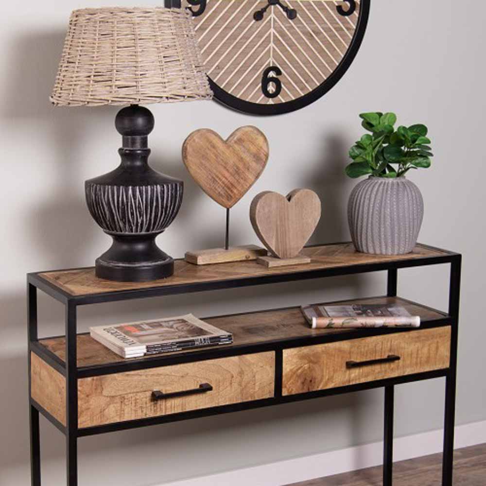 Ein Clayre & Eef - Lampenschirm Rattan Ø38 cm mit zwei Schubladen und einer Uhr.