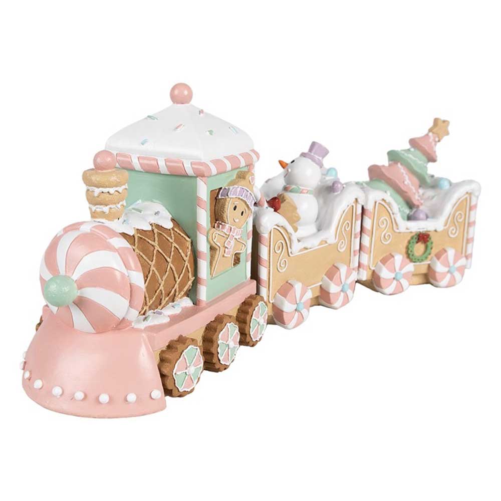 Der Clayre & Eef - Lebkuchenbahn Zug mit Weihnachtsbaum Pastell Mega ist ein verspielter, mit Pastellfarben, Lebkuchendesigns und Süßigkeitenmotiven geschmückter Zug, der aus einer Lokomotive und zwei Waggons besteht, die für die Weihnachtszeit wunderschön dekoriert sind.