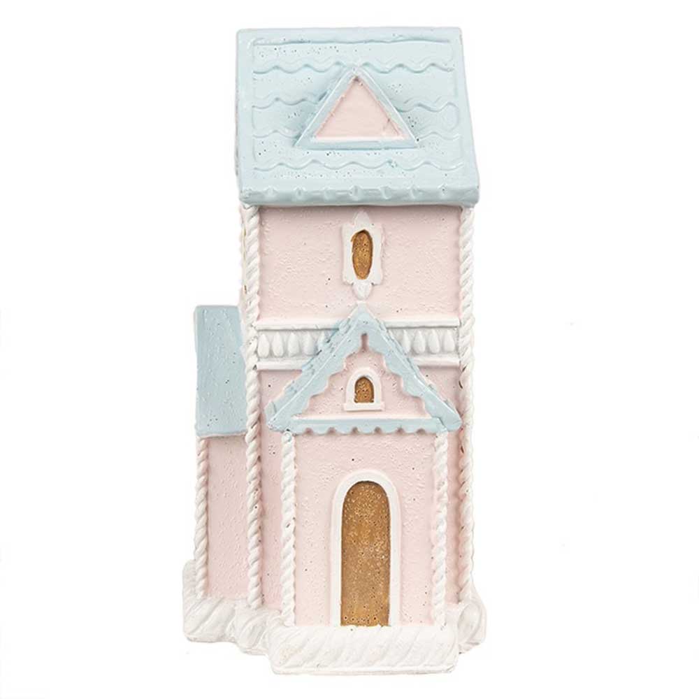 Das Clayre & Eef - Lebkuchenhaus Märchen mit LED (16 cm) ist ein pastellfarbenes Miniatur-Spielzeughaus mit einem hohen Turm in der Mitte und einem gewölbten Eingang.