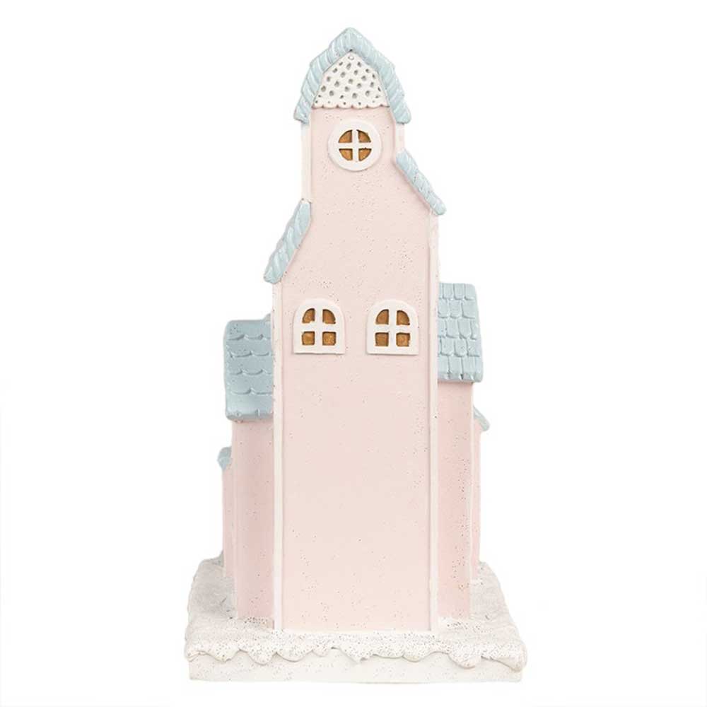 Lebkuchenhaus-Schloss von Clayre & Eef mit LED-Beleuchtung, kleinem pastellrosa Design, hohem Turm, blauem Schindeldach und Bogenfenstern, 26 cm groß.