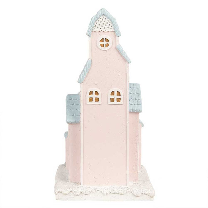 Lebkuchenhaus-Schloss von Clayre & Eef mit LED-Beleuchtung, kleinem pastellrosa Design, hohem Turm, blauem Schindeldach und Bogenfenstern, 26 cm groß.