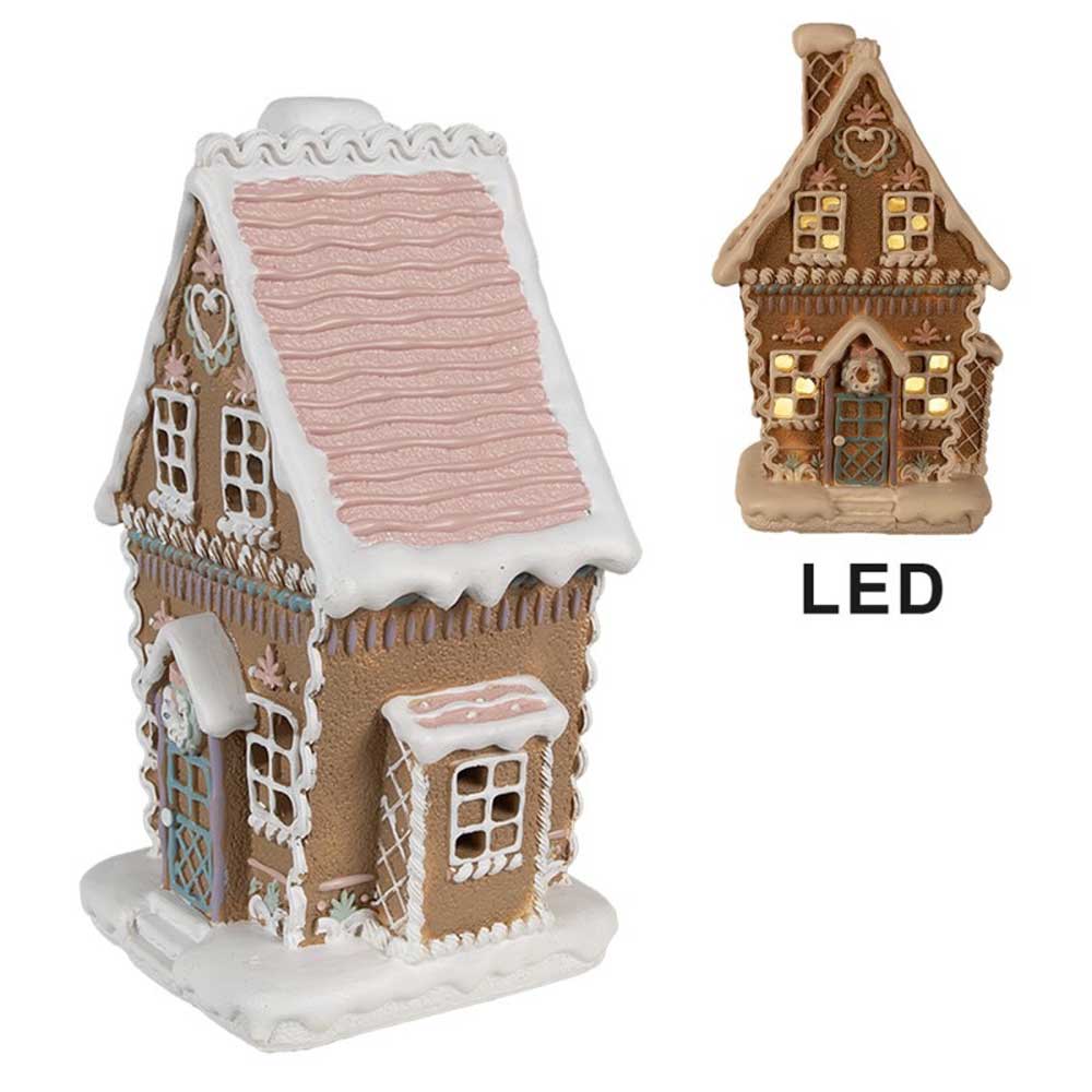 Zwei Bilder des Clayre & Eef - Lebkuchenhauses mit LED 21 cm Braun mit schneebedeckten Details: eines zeigt das Haus unbeleuchtet und das andere zeigt das Haus mit LED-Lichtern beleuchtet.