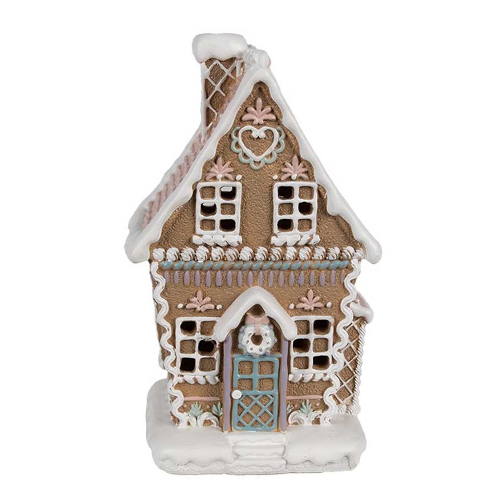 Ein dekoriertes Lebkuchenhaus, Clayre & Eef – Lebkuchenhaus mit LED 21 cm Braun, mit weißen Zuckergussdetails, blauen Türakzenten und schneeähnlicher Glasur auf Dach und Boden.