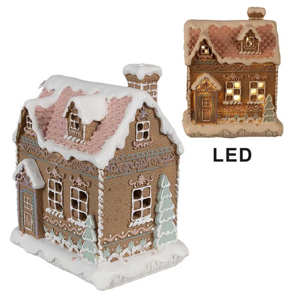 Zwei Clayre & Eef - Lebkuchenhäuser mit LED und Schnee; Das größere Haus hat detaillierte Zuckergussdesigns und in Bonbonform gestaltete Akzente.