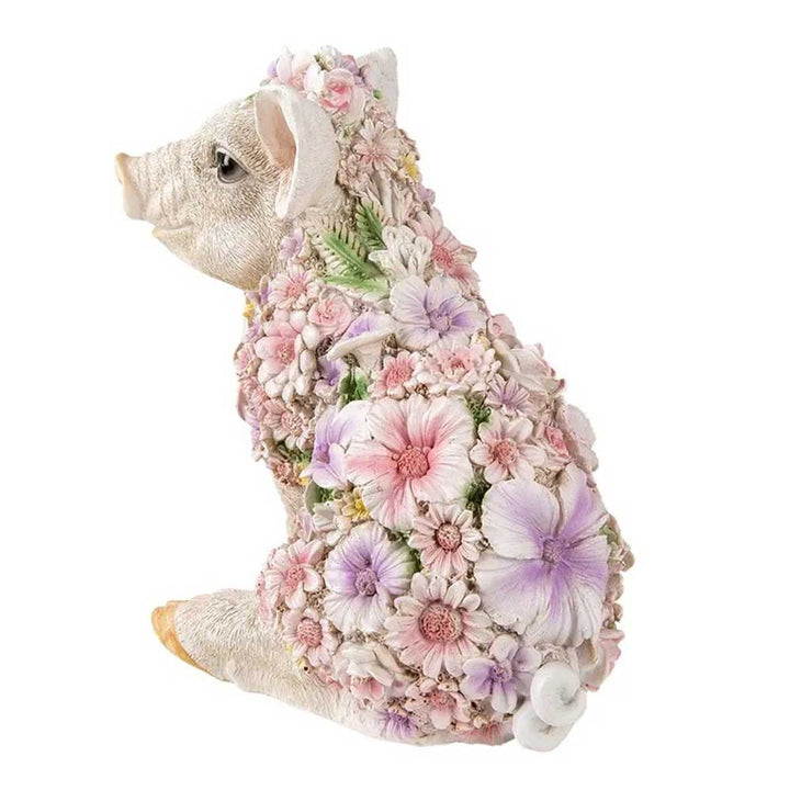 Ein „Schwein Blumen Deko“ von Clayre & Eef, geschmückt mit einer Reihe farbenfroher, kunstvoller Blumen auf Körper und Kopf.