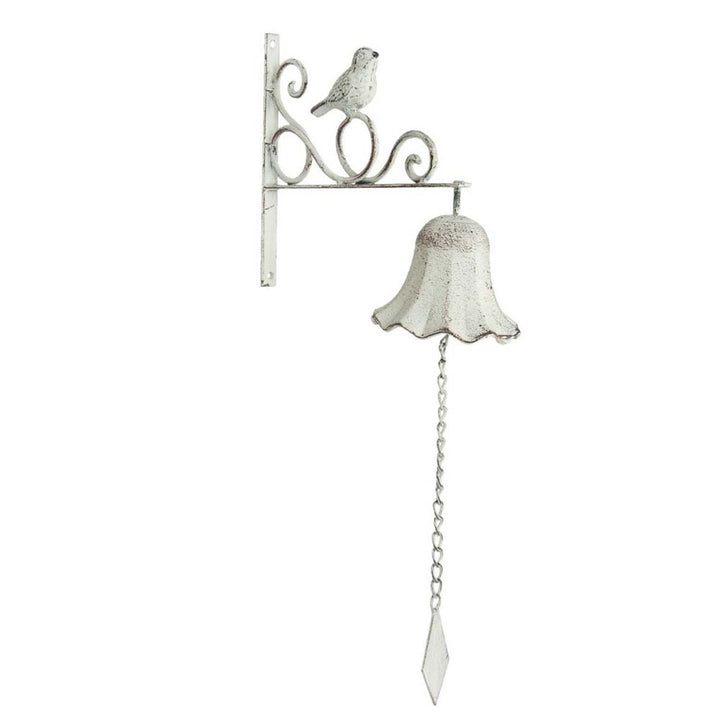 Eine Clayre &amp; Eef - Türklingel Shabby Chic mit Wandhalterung mit einem Vogelornament auf der Halterung und einem hängenden Kettenzug.