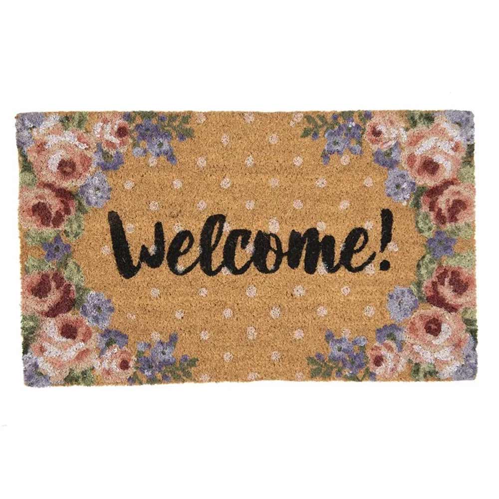 Eine Clayre & Eef - Türmatte Welcome mit dem Wort „Willkommen!“ in schwarzer Schreibschrift, umgeben von floralen Mustern an den Rändern auf hellbraunem Hintergrund.