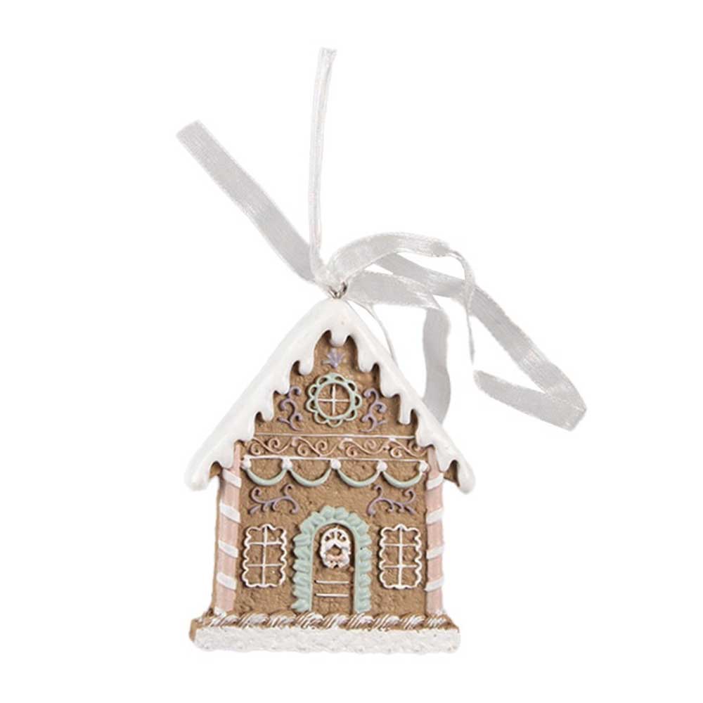 Der Clayre & Eef Weihnachtsanhänger Lebkuchenhaus mit aufwendigen weißen Glasurdetails hängt zart an einem weißen Band.