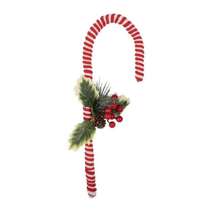 Die 30 cm große Weihnachtsdekoration von Clayre &amp; Eef besteht aus einer rot-weiß gestreiften Zuckerstange, die mit grünen Blättern, Tannenzapfen und roten Beeren verziert ist.