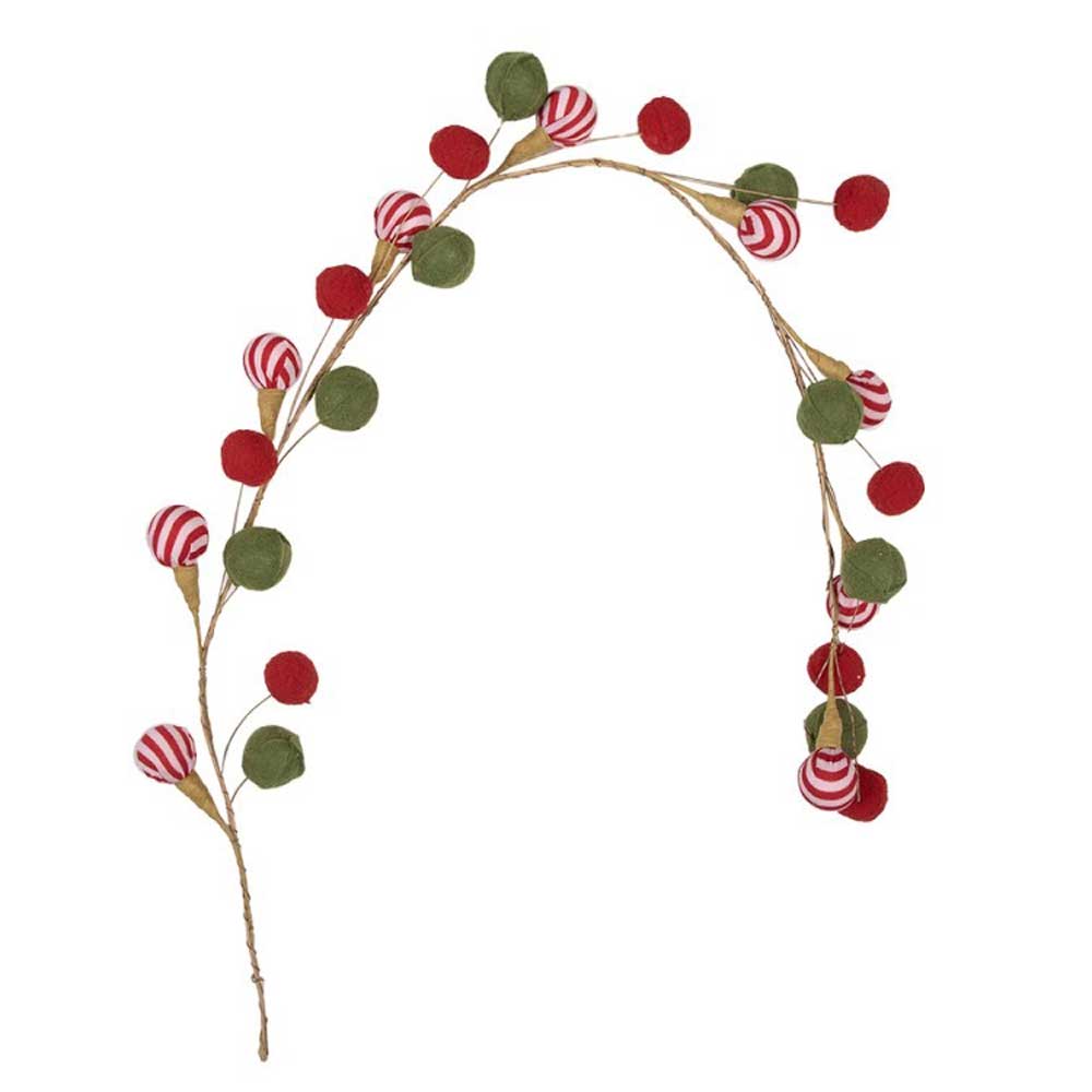 Eine 100 cm große Weihnachtsgirlande von Clayre & Eef mit runden roten, grünen und rot gestreiften Ornamenten auf brauner Schnur.