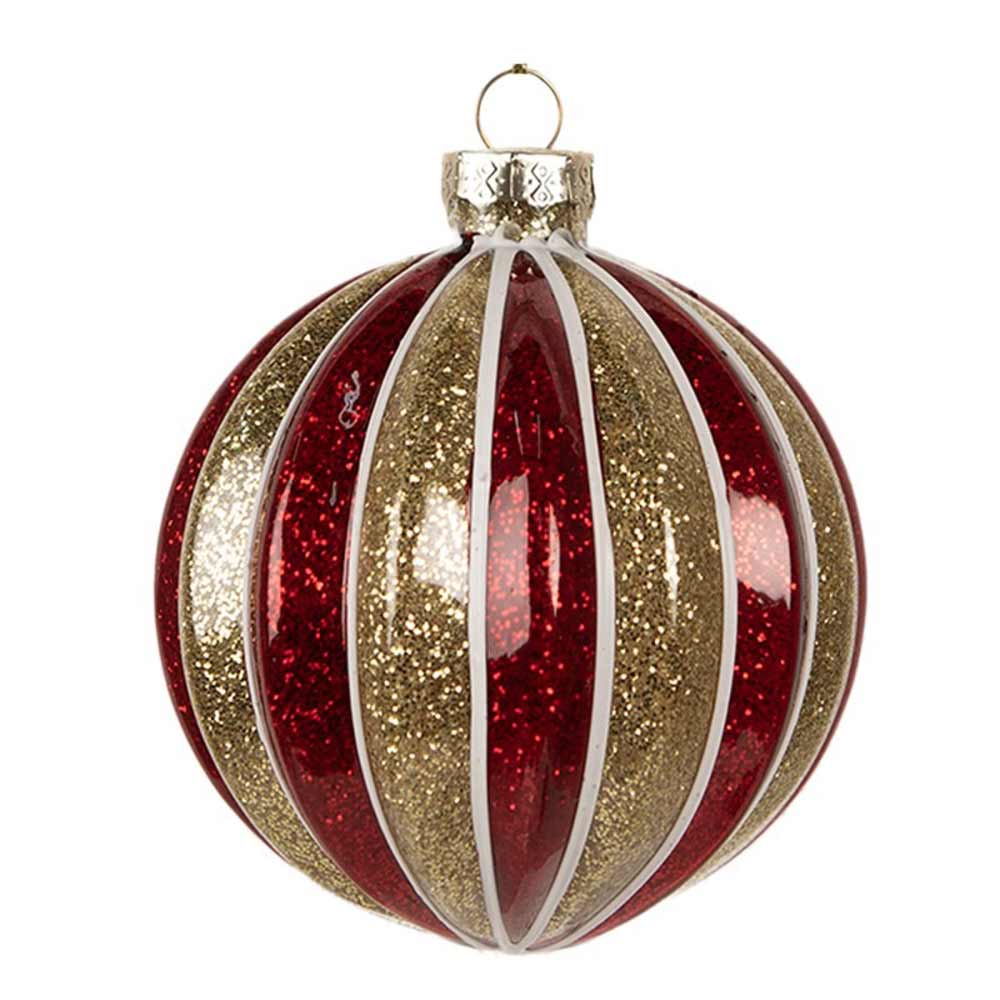 Die Clayre & Eef - Weihnachtskugel Ø 8 cm Streifen Rot Gold ist ein rundes Weihnachtsornament mit abwechselnd roten und goldenen Glitzerstreifen, weiß umrandet, mit einer silbernen Kappe und einer Aufhängeöse.