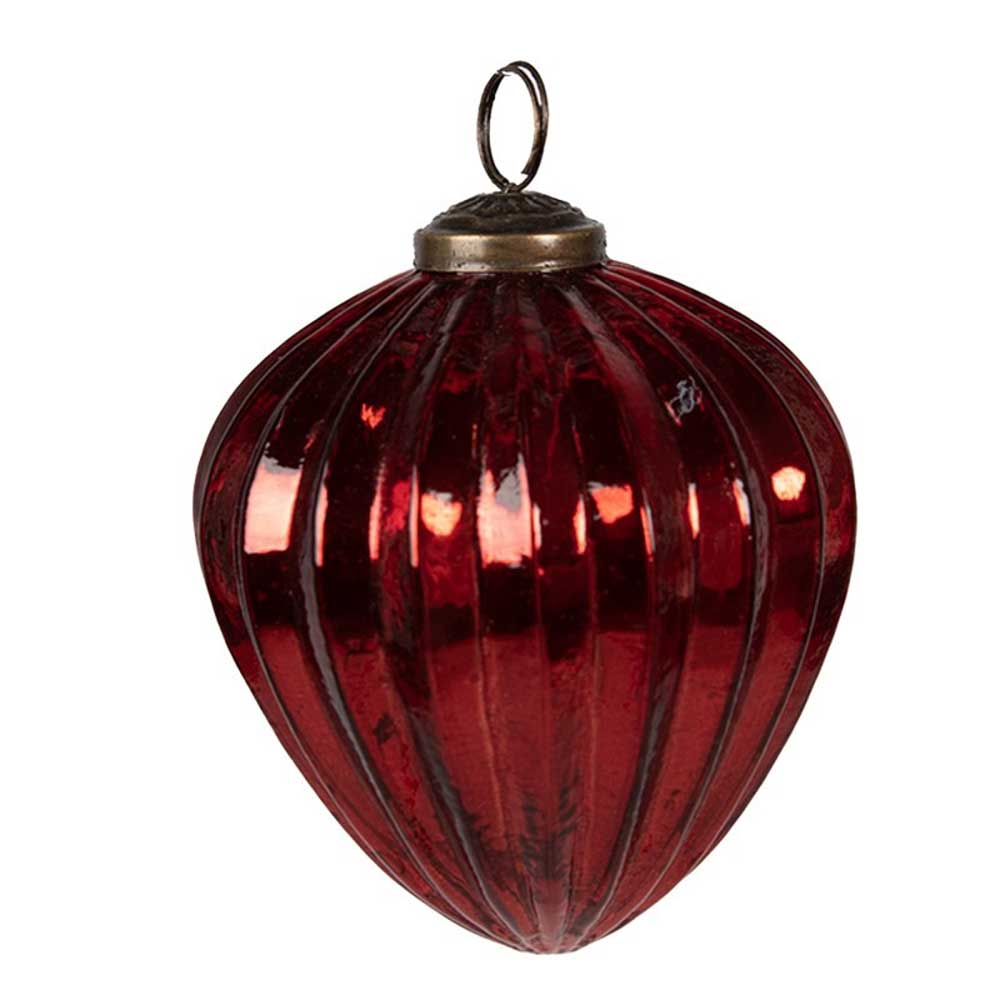 Ein rotes, geripptes Weihnachtsornament mit einer metallischen Kappe und einer Aufhängeschlaufe von Clayre & Eef – Weihnachtskugel Ø 9 cm Rot Tropfen mit Rillen.