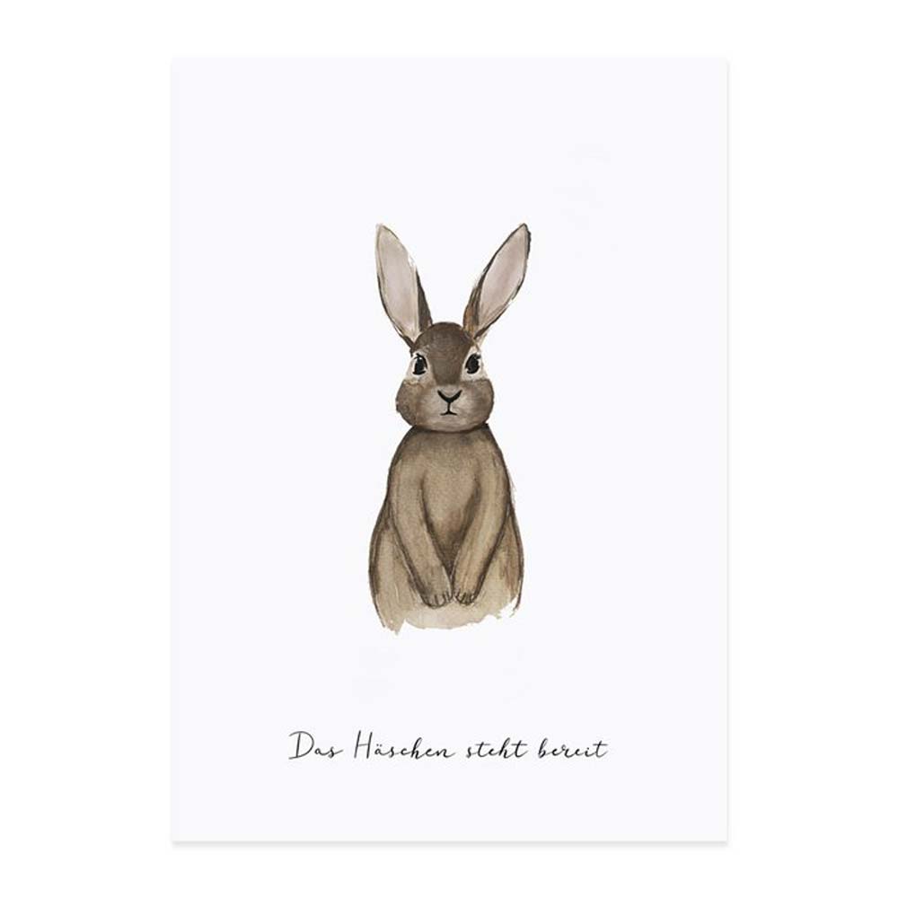 Ein Eulenschnitt - Postkarte Häschen steht bereit von einem Hasen mit der Aufschrift „tut nicht weh“.